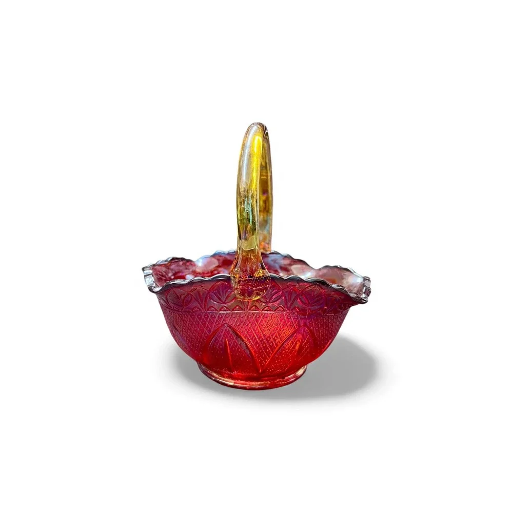Carnival Glass Candy Dish Basket Hobnail Handle Iridescent Ruby Red Amber